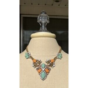 Gorgeous J. Crew Gold Tone Mint Green/Tangerine Rhinestone Statement Necklace